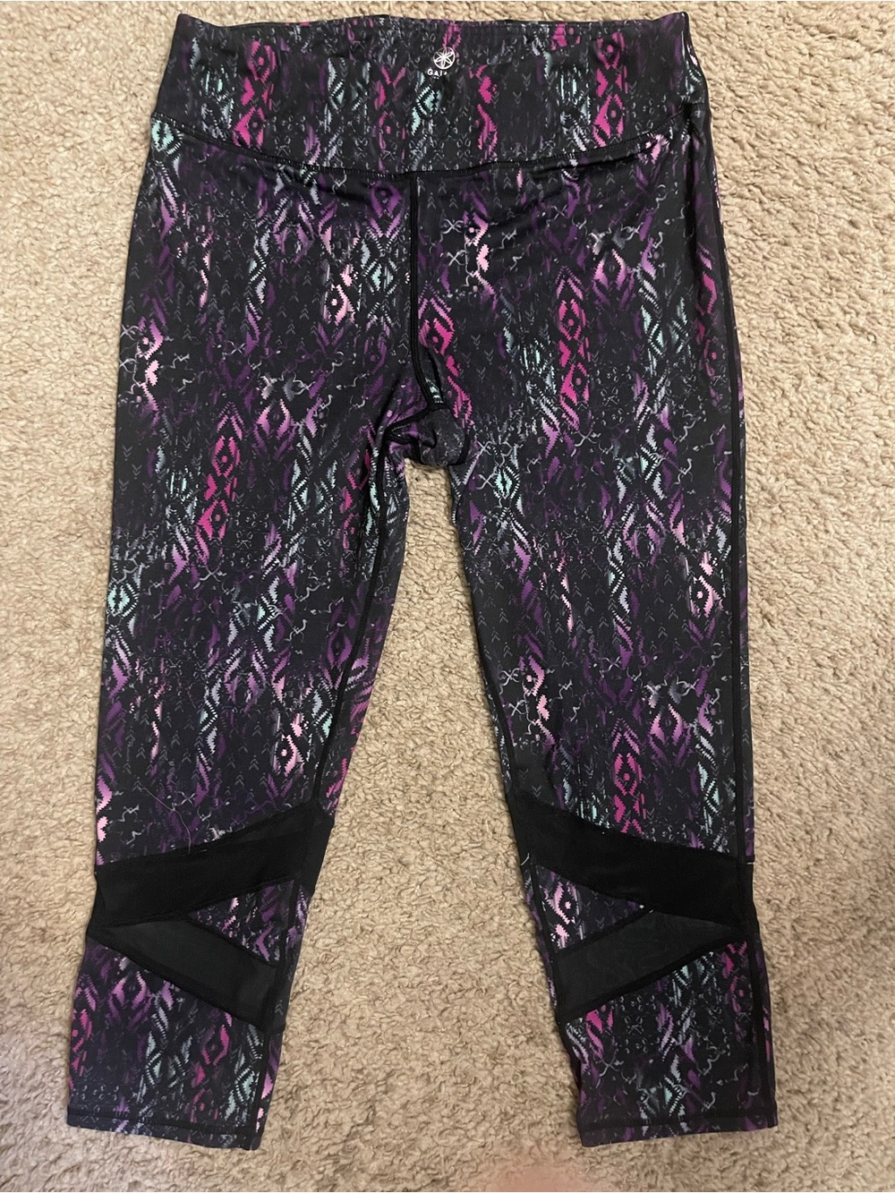 GAIAM Black Purple Teal Patterned Capri Leggings